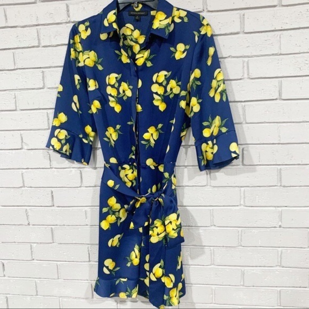 Banana Republic Navy Blue Lemon Print Ruffle Shirt Romper Size 8 Button Front